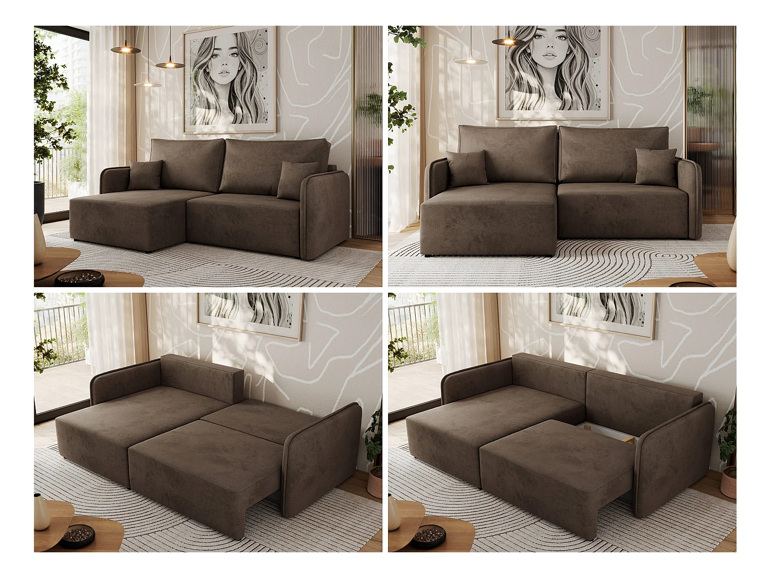 Ecksofa MESTO - Schlaffunktion und Bettkasten, L-form Couch für das Wohnzimmer, Armlehnen - Braun Velvet - Ecke Links