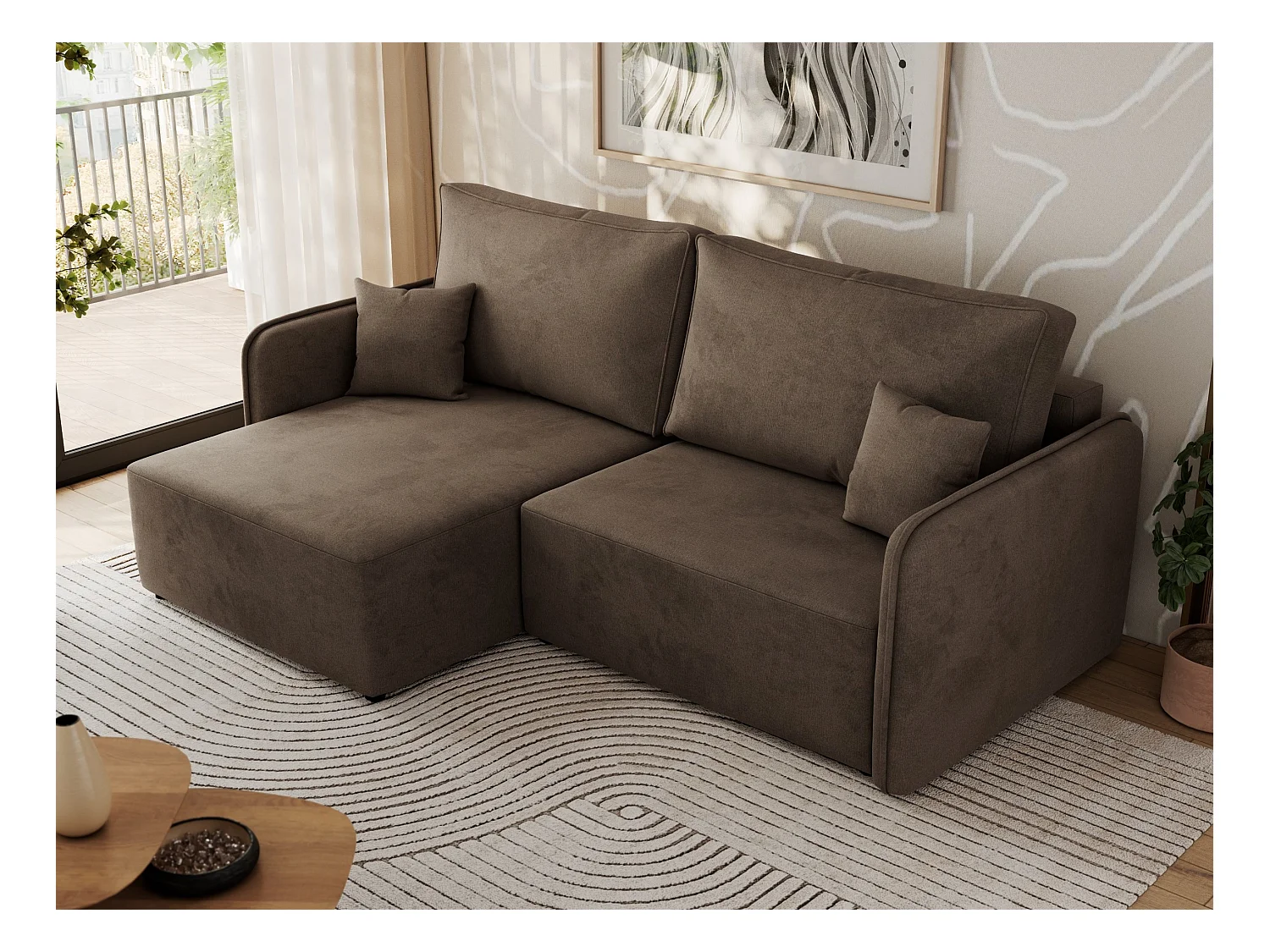 Ecksofa MESTO - Schlaffunktion und Bettkasten, L-form Couch für das Wohnzimmer, Armlehnen - Braun Velvet - Ecke Links