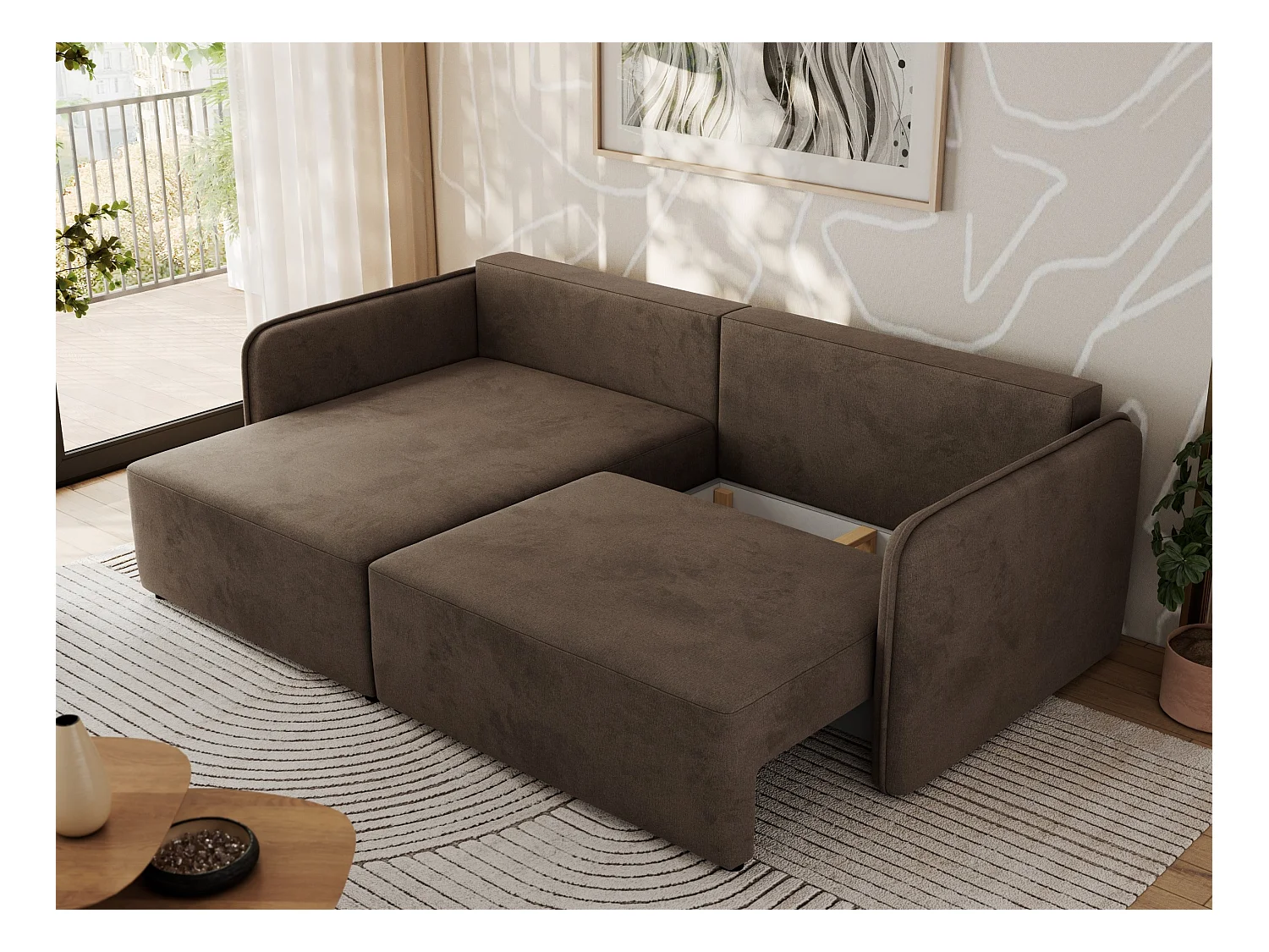 Ecksofa MESTO - Schlaffunktion und Bettkasten, L-form Couch für das Wohnzimmer, Armlehnen - Braun Velvet - Ecke Links