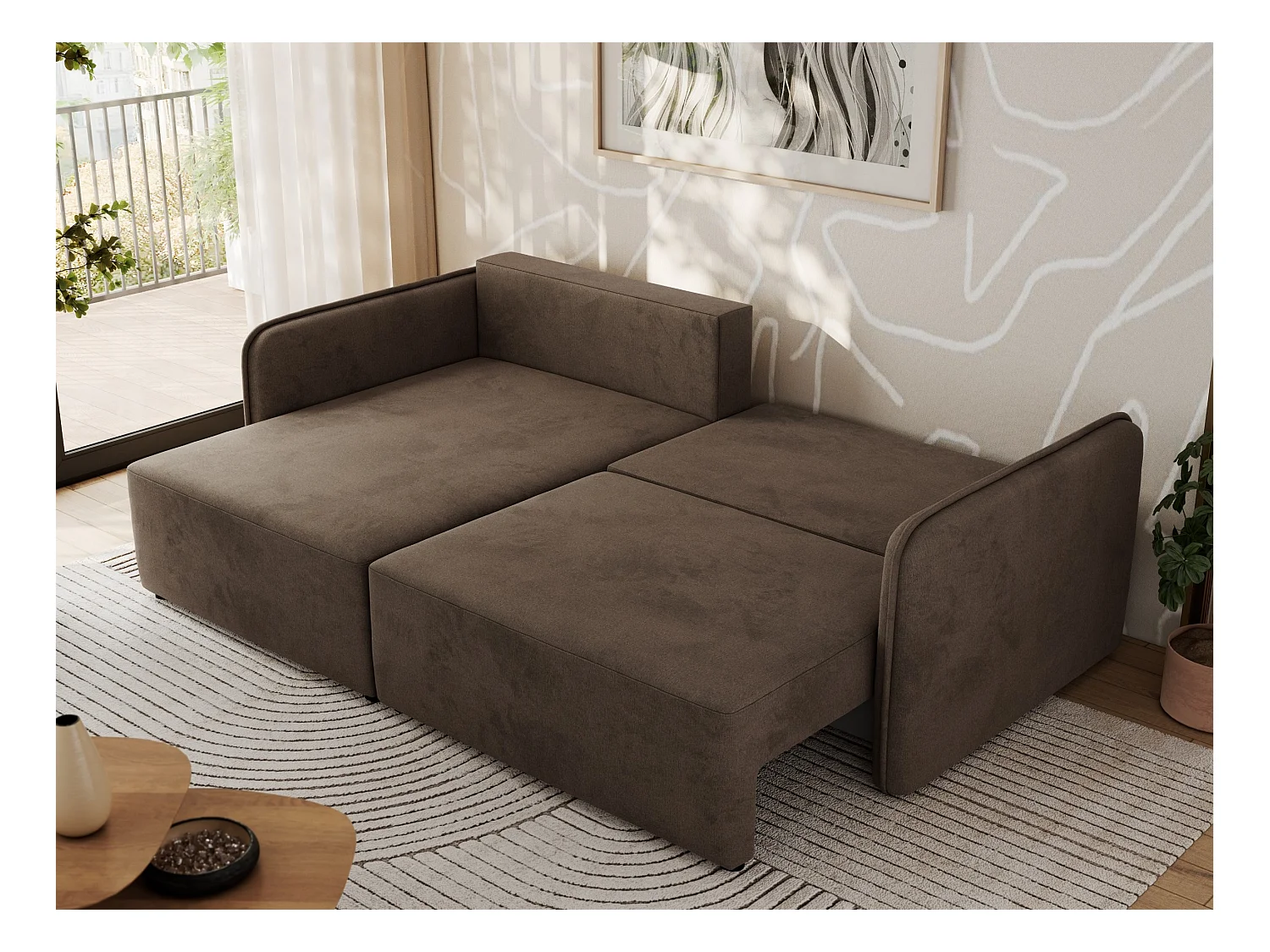 Ecksofa MESTO - Schlaffunktion und Bettkasten, L-form Couch für das Wohnzimmer, Armlehnen - Braun Velvet - Ecke Links