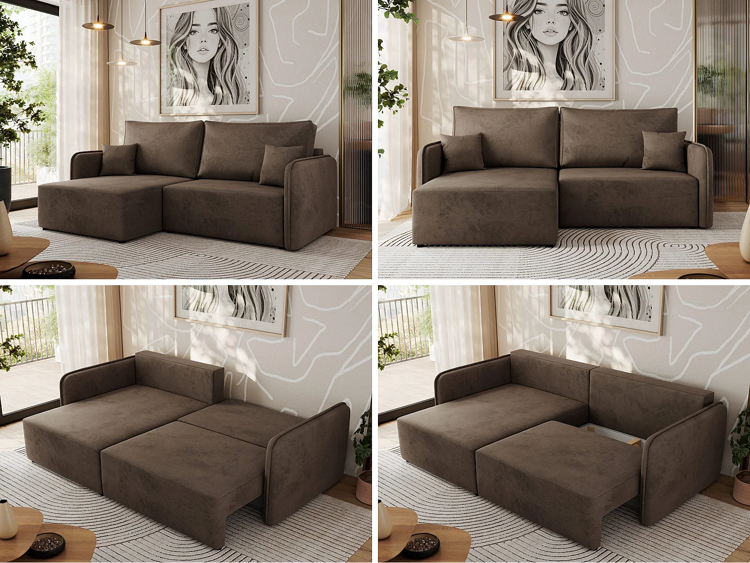 Ecksofa MESTO - Schlaffunktion und Bettkasten, L-form Couch für das Wohnzimmer, Armlehnen - Braun Velvet - Ecke Links