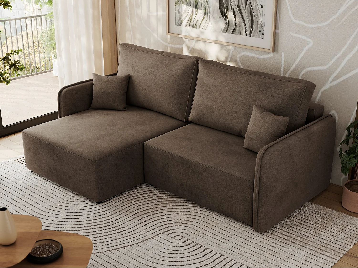 Ecksofa MESTO - Schlaffunktion und Bettkasten, L-form Couch für das Wohnzimmer, Armlehnen - Braun Velvet - Ecke Links