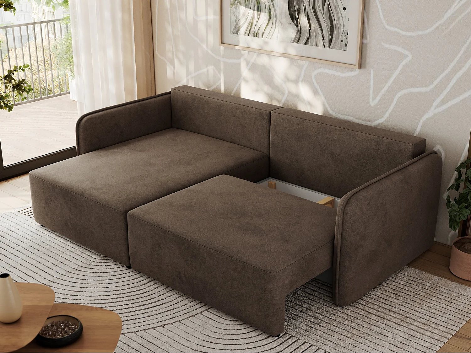 Ecksofa MESTO - Schlaffunktion und Bettkasten, L-form Couch für das Wohnzimmer, Armlehnen - Braun Velvet - Ecke Links