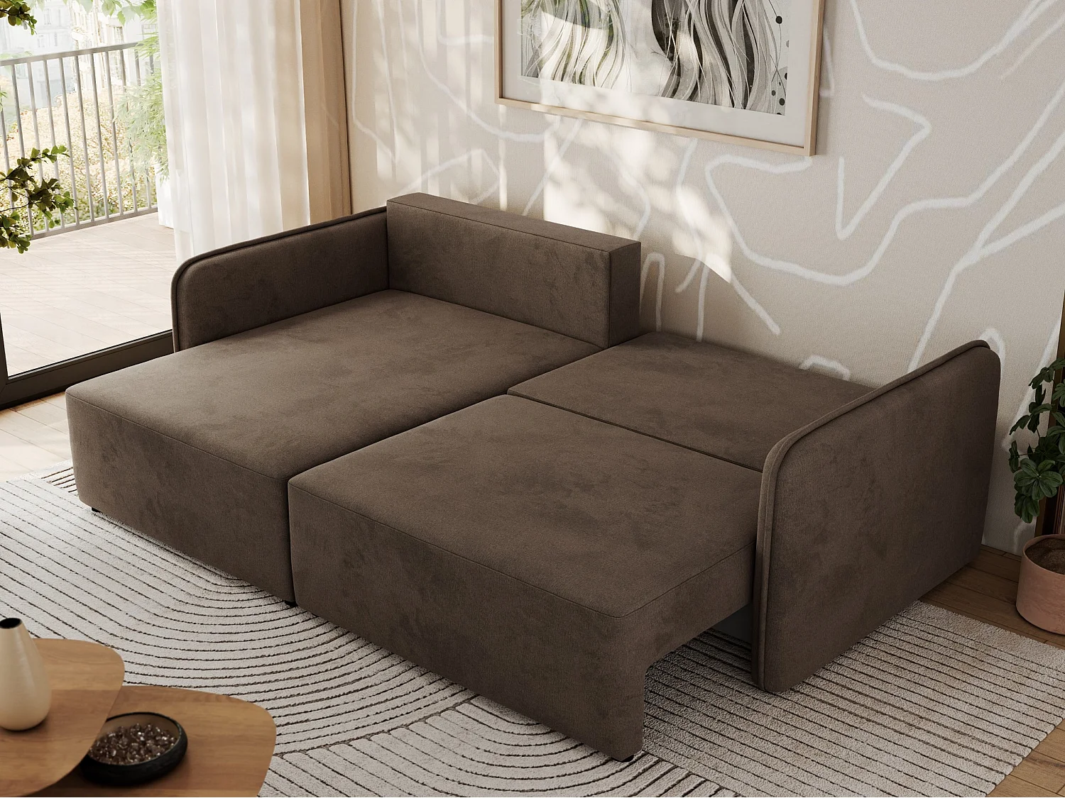 Ecksofa MESTO - Schlaffunktion und Bettkasten, L-form Couch für das Wohnzimmer, Armlehnen - Braun Velvet - Ecke Links
