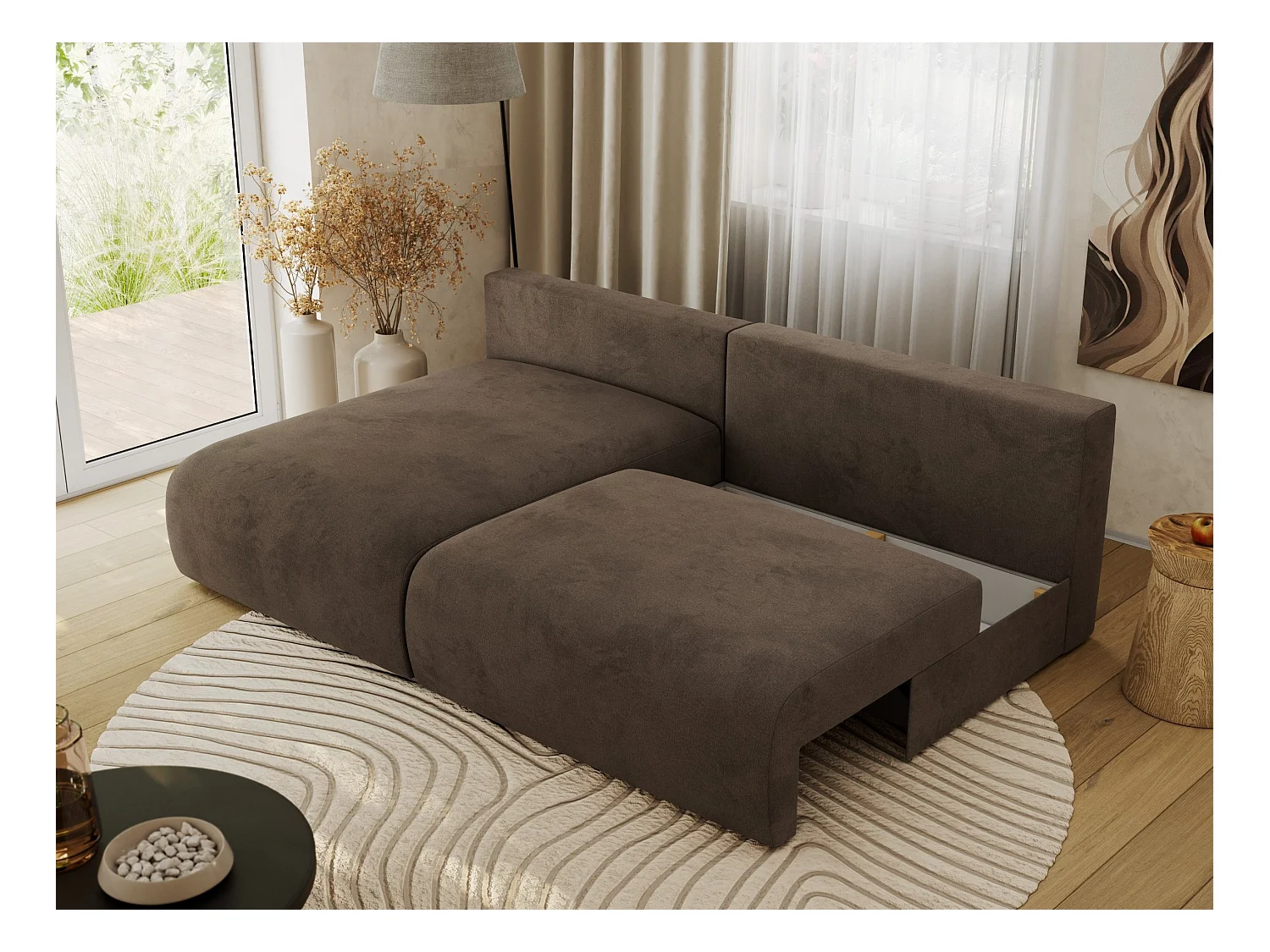 Ecksofa VIVO - L-form Couch mit Schlaffunktion und Bettkasten, Wellenfeder - Braun Velvet - Ecke Links