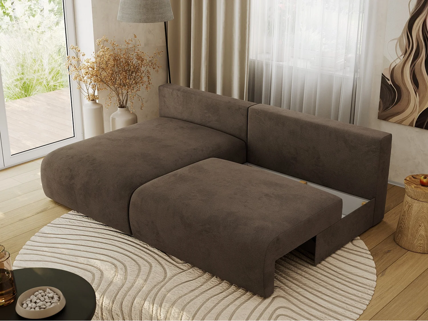 Ecksofa VIVO - L-form Couch mit Schlaffunktion und Bettkasten, Wellenfeder - Braun Velvet - Ecke Links