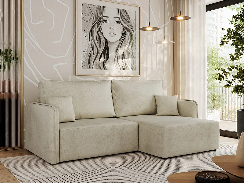 Ecksofa MESTO - Schlaffunktion und Bettkasten, L-form Couch für das Wohnzimmer, Armlehnen - Beige Velvet - Ecke Rechts