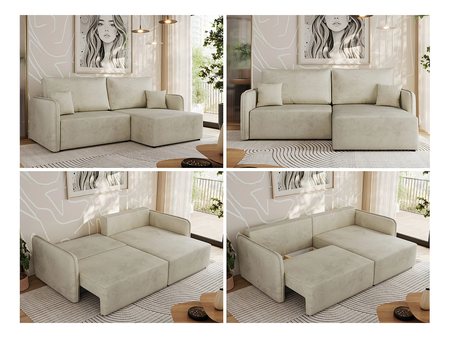 Ecksofa MESTO - Schlaffunktion und Bettkasten, L-form Couch für das Wohnzimmer, Armlehnen - Beige Velvet - Ecke Rechts