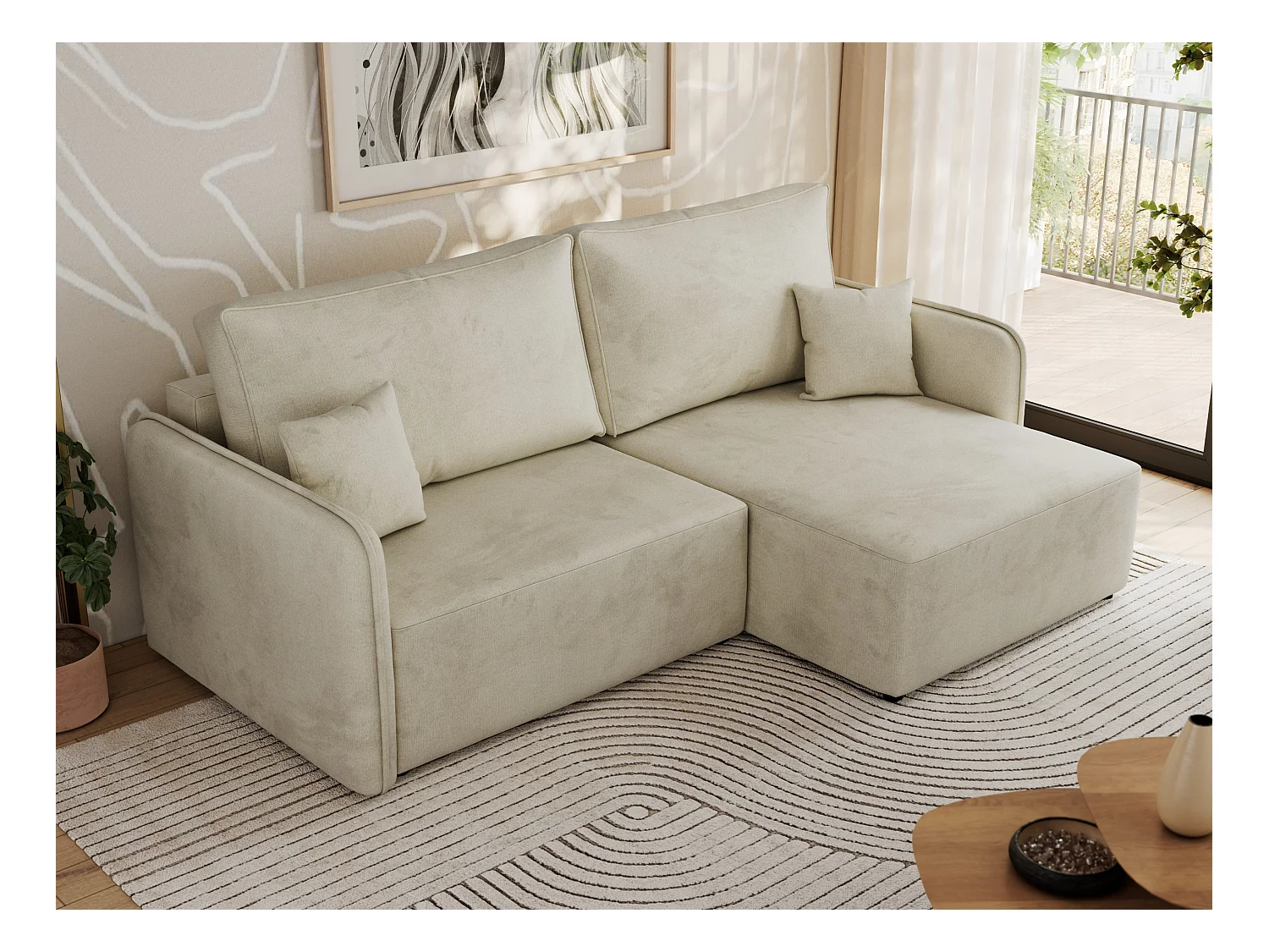Ecksofa MESTO - Schlaffunktion und Bettkasten, L-form Couch für das Wohnzimmer, Armlehnen - Beige Velvet - Ecke Rechts
