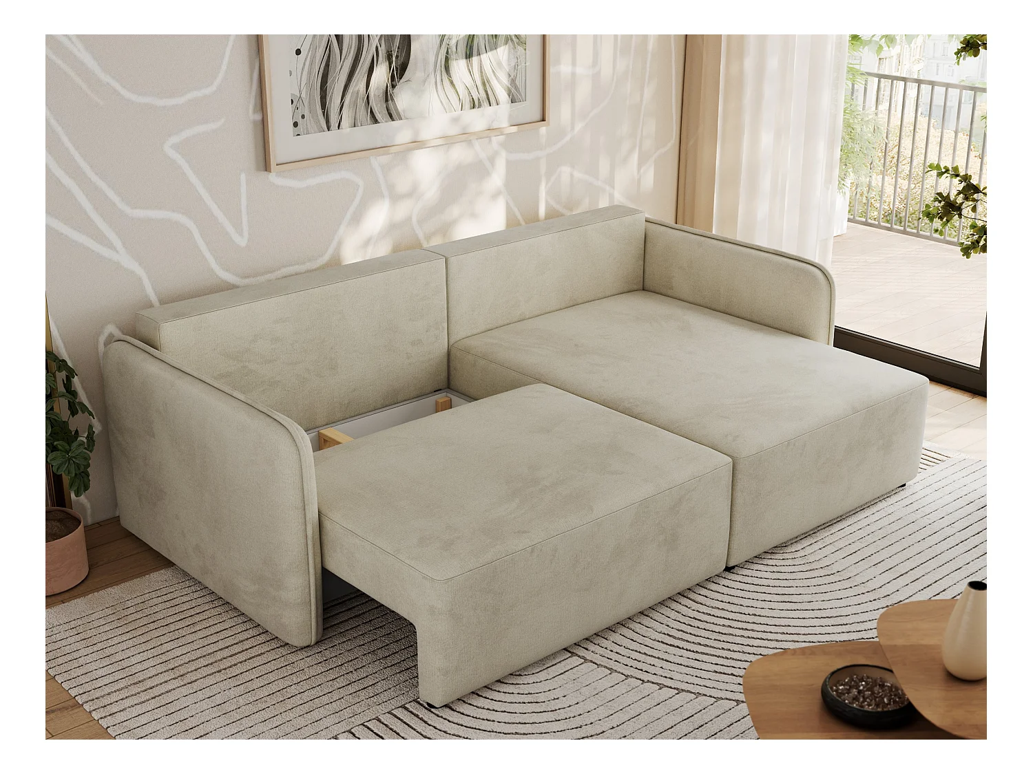 Ecksofa MESTO - Schlaffunktion und Bettkasten, L-form Couch für das Wohnzimmer, Armlehnen - Beige Velvet - Ecke Rechts