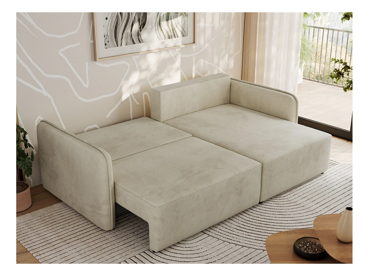Ecksofa MESTO - Schlaffunktion und Bettkasten, L-form Couch für das Wohnzimmer, Armlehnen - Beige Velvet - Ecke Rechts