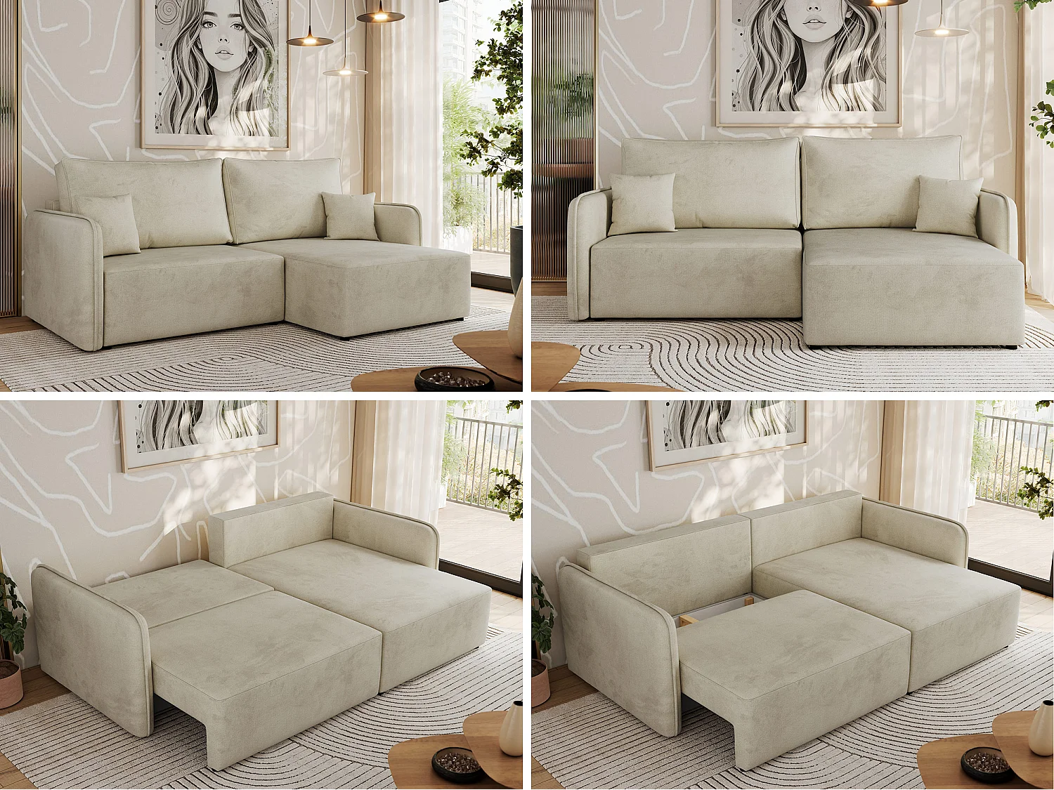 Ecksofa MESTO - Schlaffunktion und Bettkasten, L-form Couch für das Wohnzimmer, Armlehnen - Beige Velvet - Ecke Rechts