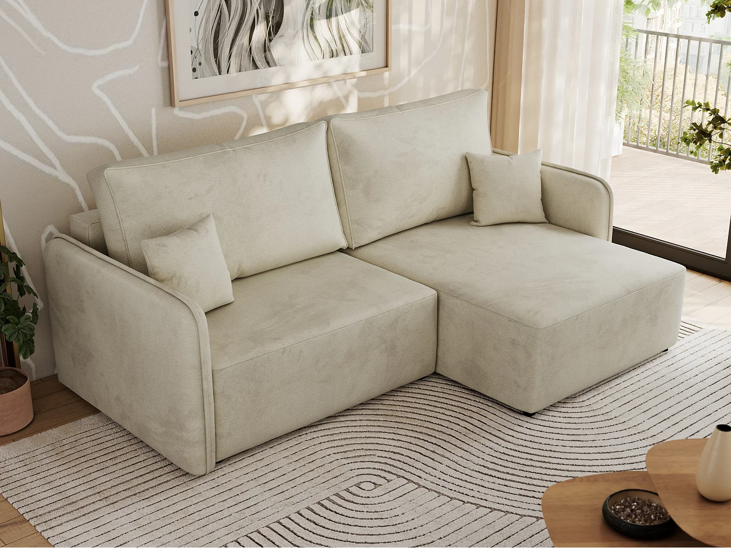 Ecksofa MESTO - Schlaffunktion und Bettkasten, L-form Couch für das Wohnzimmer, Armlehnen - Beige Velvet - Ecke Rechts