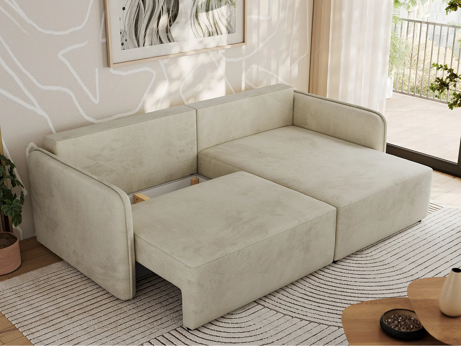 Ecksofa MESTO - Schlaffunktion und Bettkasten, L-form Couch für das Wohnzimmer, Armlehnen - Beige Velvet - Ecke Rechts