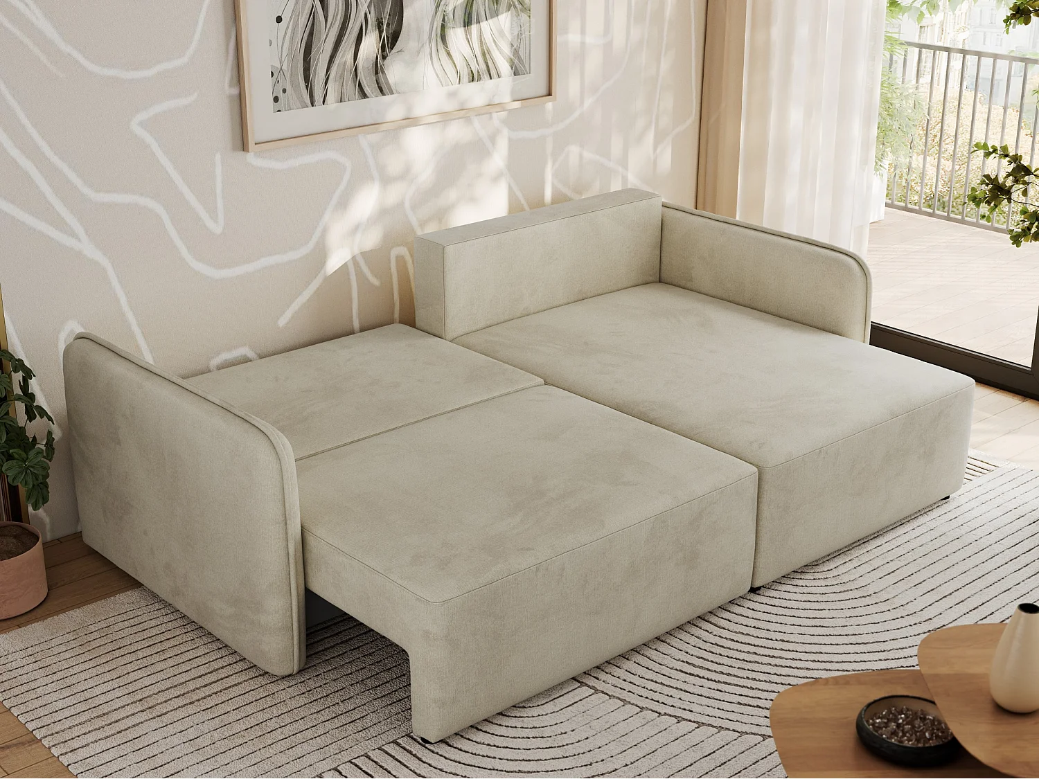 Ecksofa MESTO - Schlaffunktion und Bettkasten, L-form Couch für das Wohnzimmer, Armlehnen - Beige Velvet - Ecke Rechts