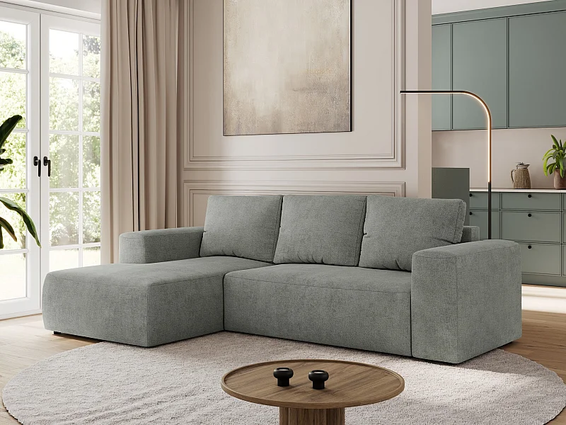 Ecksofa TRENTINO - mit Schlaffunktion und Bettkasten, L-form Couch, lose Kissen und Armlehnen - Grau Stukture - Ecke Links