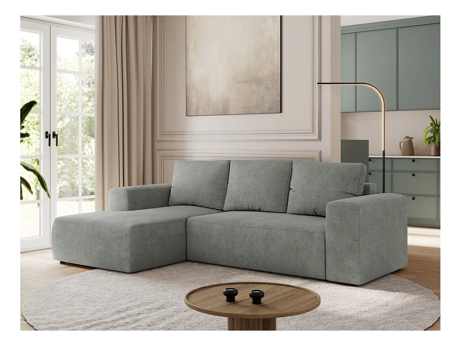 Ecksofa TRENTINO - mit Schlaffunktion und Bettkasten, L-form Couch, lose Kissen und Armlehnen - Grau Stukture - Ecke Links