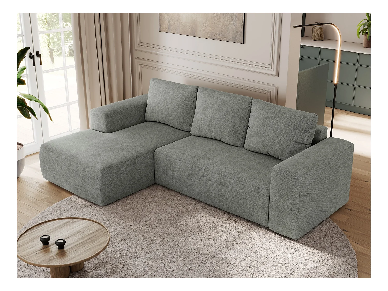 Ecksofa TRENTINO - mit Schlaffunktion und Bettkasten, L-form Couch, lose Kissen und Armlehnen - Grau Stukture - Ecke Links