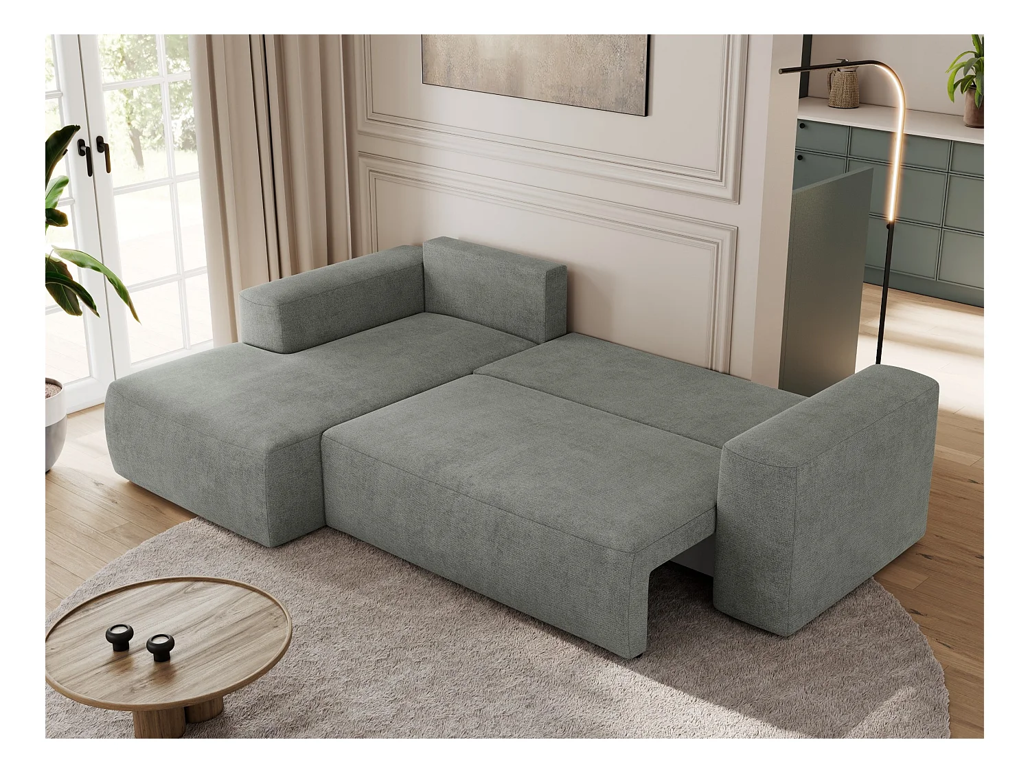 Ecksofa TRENTINO - mit Schlaffunktion und Bettkasten, L-form Couch, lose Kissen und Armlehnen - Grau Stukture - Ecke Links