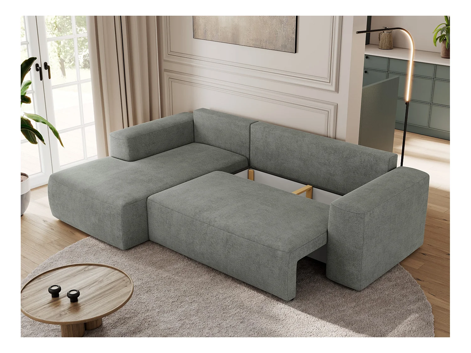 Ecksofa TRENTINO - mit Schlaffunktion und Bettkasten, L-form Couch, lose Kissen und Armlehnen - Grau Stukture - Ecke Links