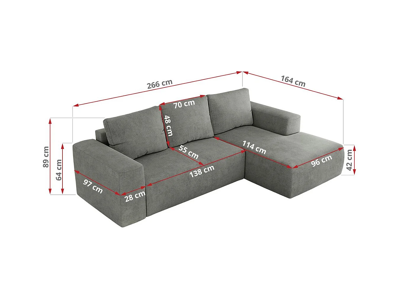 Ecksofa TRENTINO - mit Schlaffunktion und Bettkasten, L-form Couch, lose Kissen und Armlehnen - Grau Stukture - Ecke Links