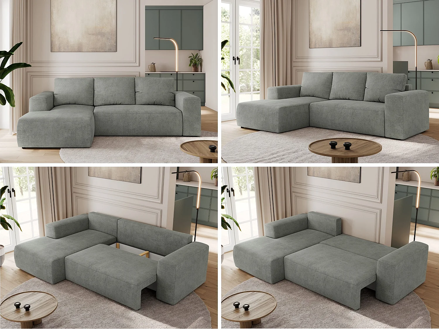 Ecksofa TRENTINO - mit Schlaffunktion und Bettkasten, L-form Couch, lose Kissen und Armlehnen - Grau Stukture - Ecke Links