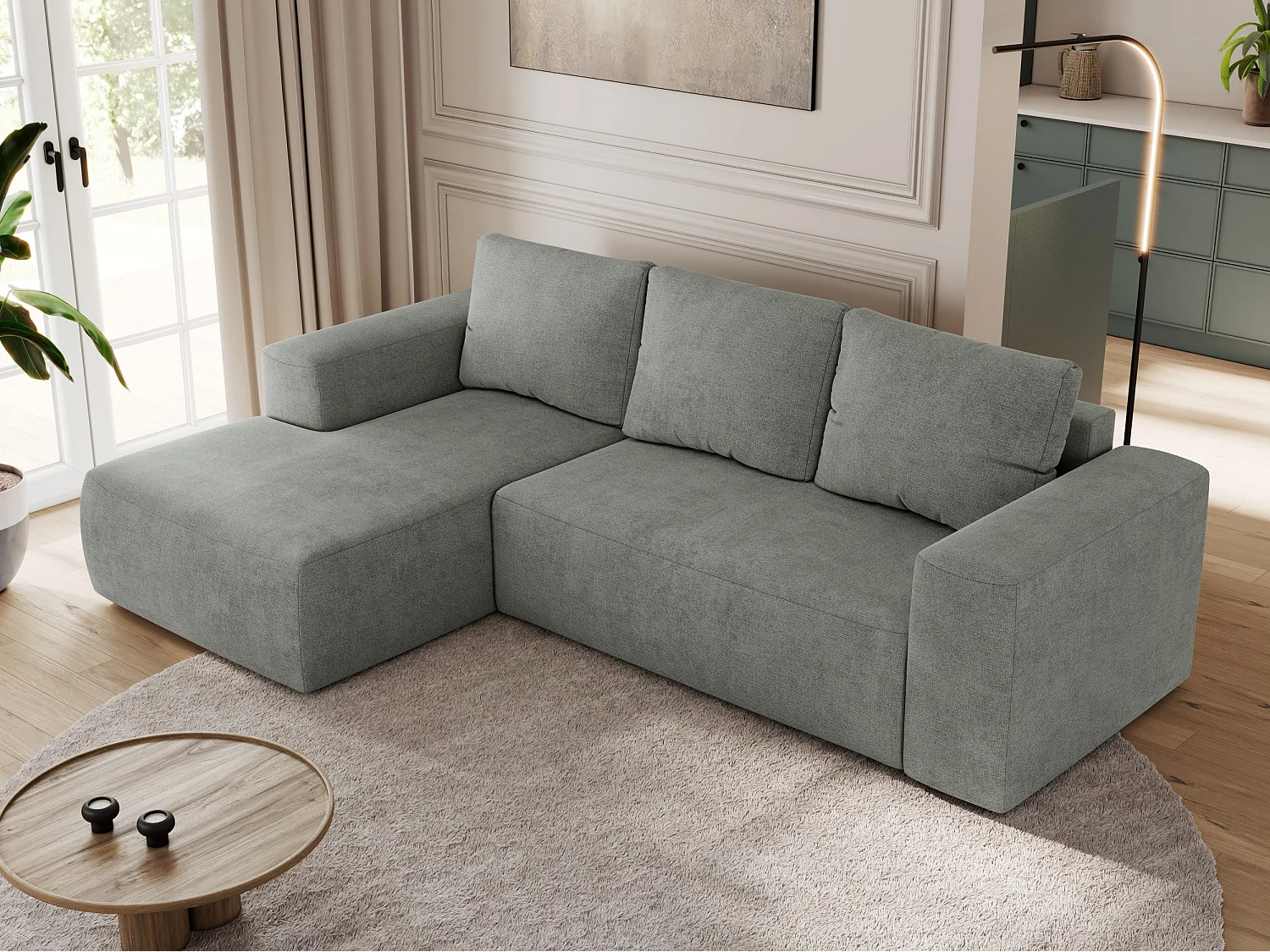 Ecksofa TRENTINO - mit Schlaffunktion und Bettkasten, L-form Couch, lose Kissen und Armlehnen - Grau Stukture - Ecke Links