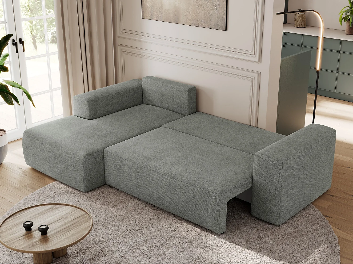 Ecksofa TRENTINO - mit Schlaffunktion und Bettkasten, L-form Couch, lose Kissen und Armlehnen - Grau Stukture - Ecke Links