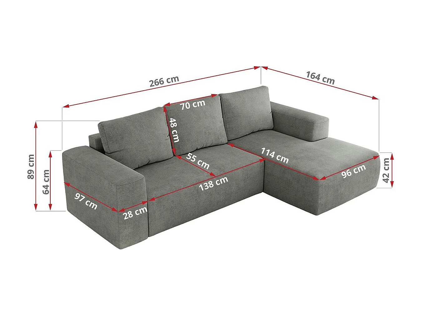 Ecksofa TRENTINO - mit Schlaffunktion und Bettkasten, L-form Couch, lose Kissen und Armlehnen - Grau Stukture - Ecke Links
