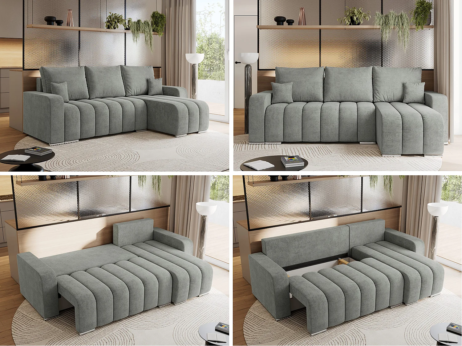 Ecksofa KIRASSO - universelles mit Schlaffunktion und Bettkasten, lose Kissen, Armlehnen - Grau Stukture