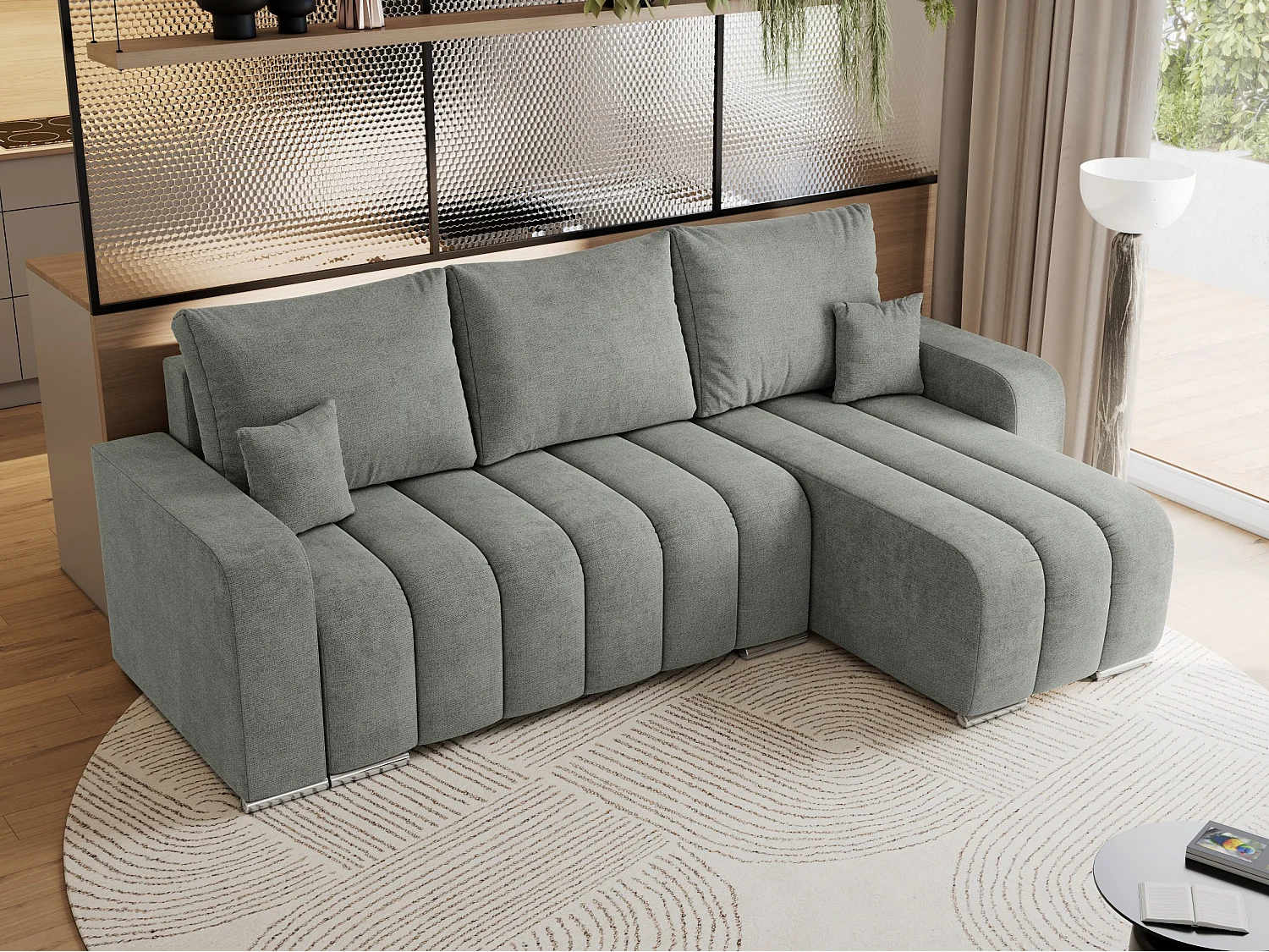 Ecksofa KIRASSO - universelles mit Schlaffunktion und Bettkasten, lose Kissen, Armlehnen - Grau Stukture