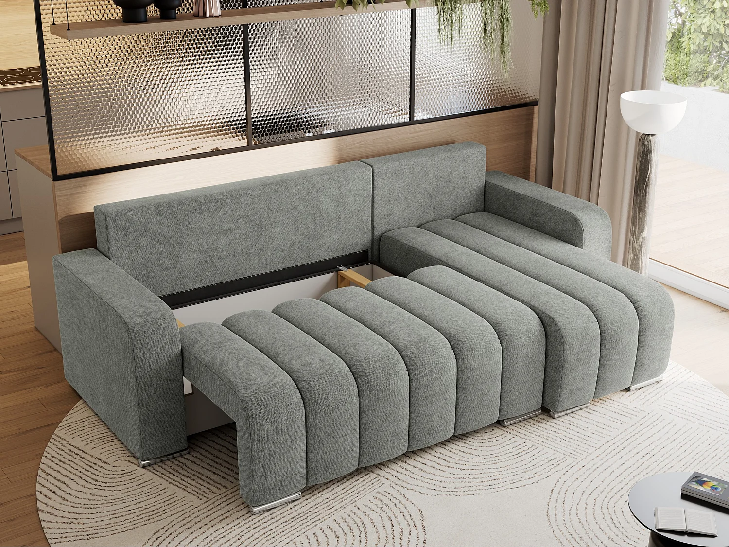 Ecksofa KIRASSO - universelles mit Schlaffunktion und Bettkasten, lose Kissen, Armlehnen - Grau Stukture