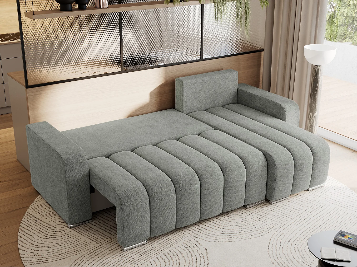 Ecksofa KIRASSO - universelles mit Schlaffunktion und Bettkasten, lose Kissen, Armlehnen - Grau Stukture