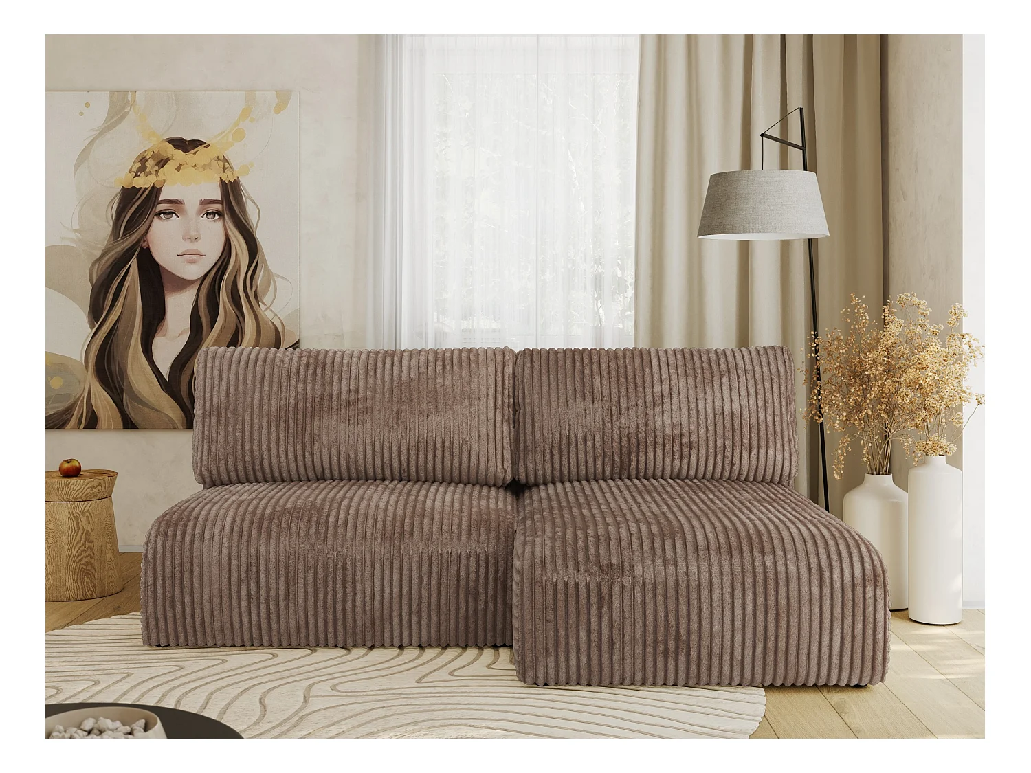 Ecksofa VIVO - L-form Couch mit Schlaffunktion und Bettkasten, Wellenfeder - Braun Cord - Ecke Rechts