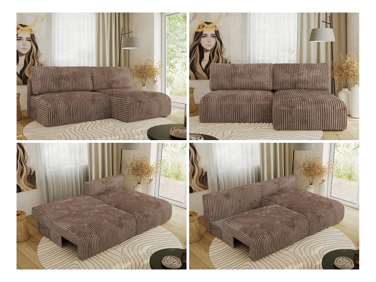 Ecksofa VIVO - L-form Couch mit Schlaffunktion und Bettkasten, Wellenfeder - Braun Cord - Ecke Rechts