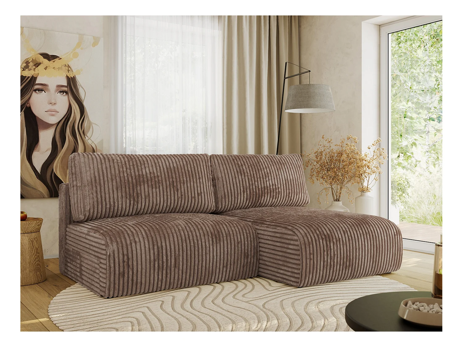 Ecksofa VIVO - L-form Couch mit Schlaffunktion und Bettkasten, Wellenfeder - Braun Cord - Ecke Rechts