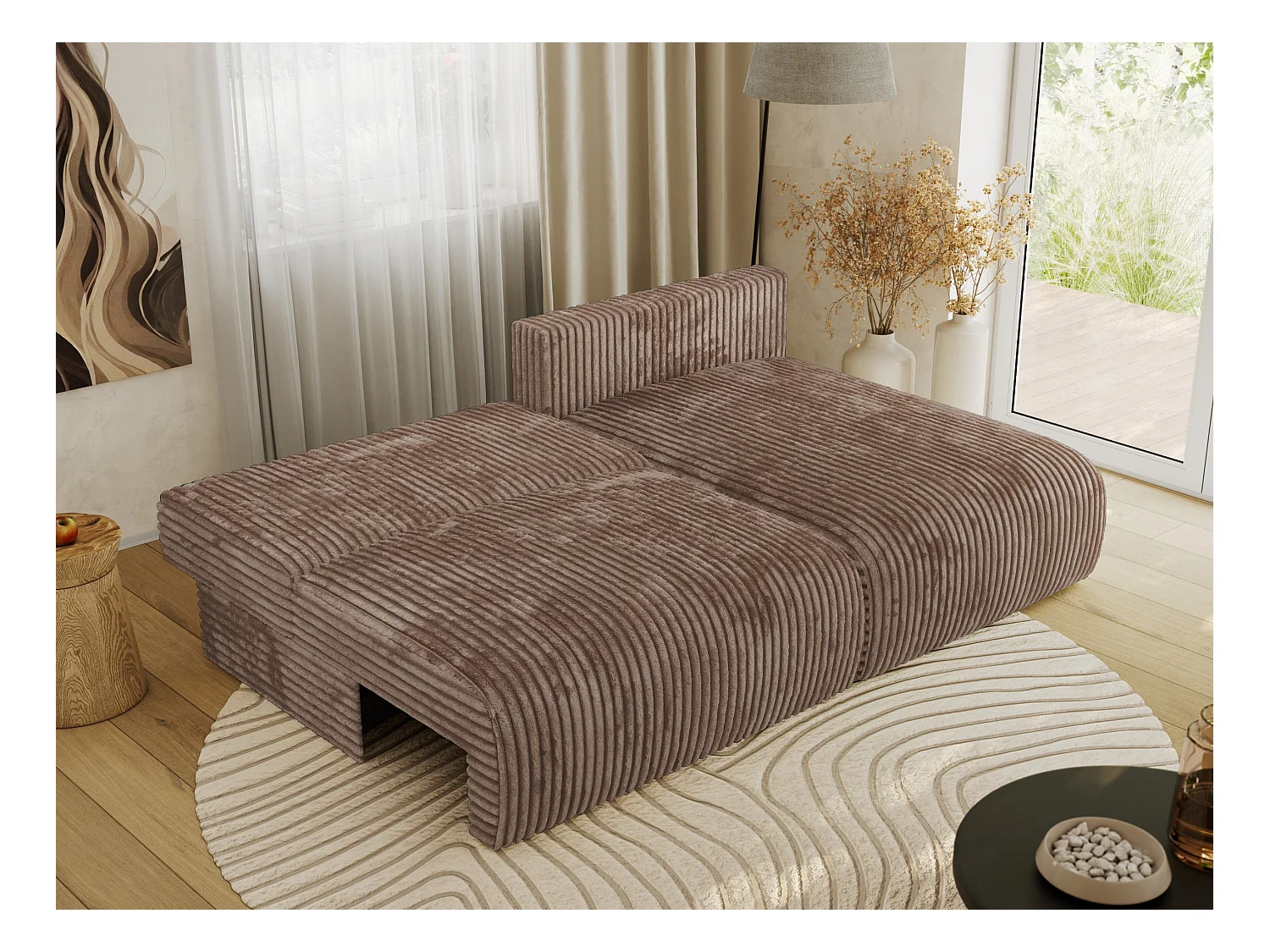 Ecksofa VIVO - L-form Couch mit Schlaffunktion und Bettkasten, Wellenfeder - Braun Cord - Ecke Rechts