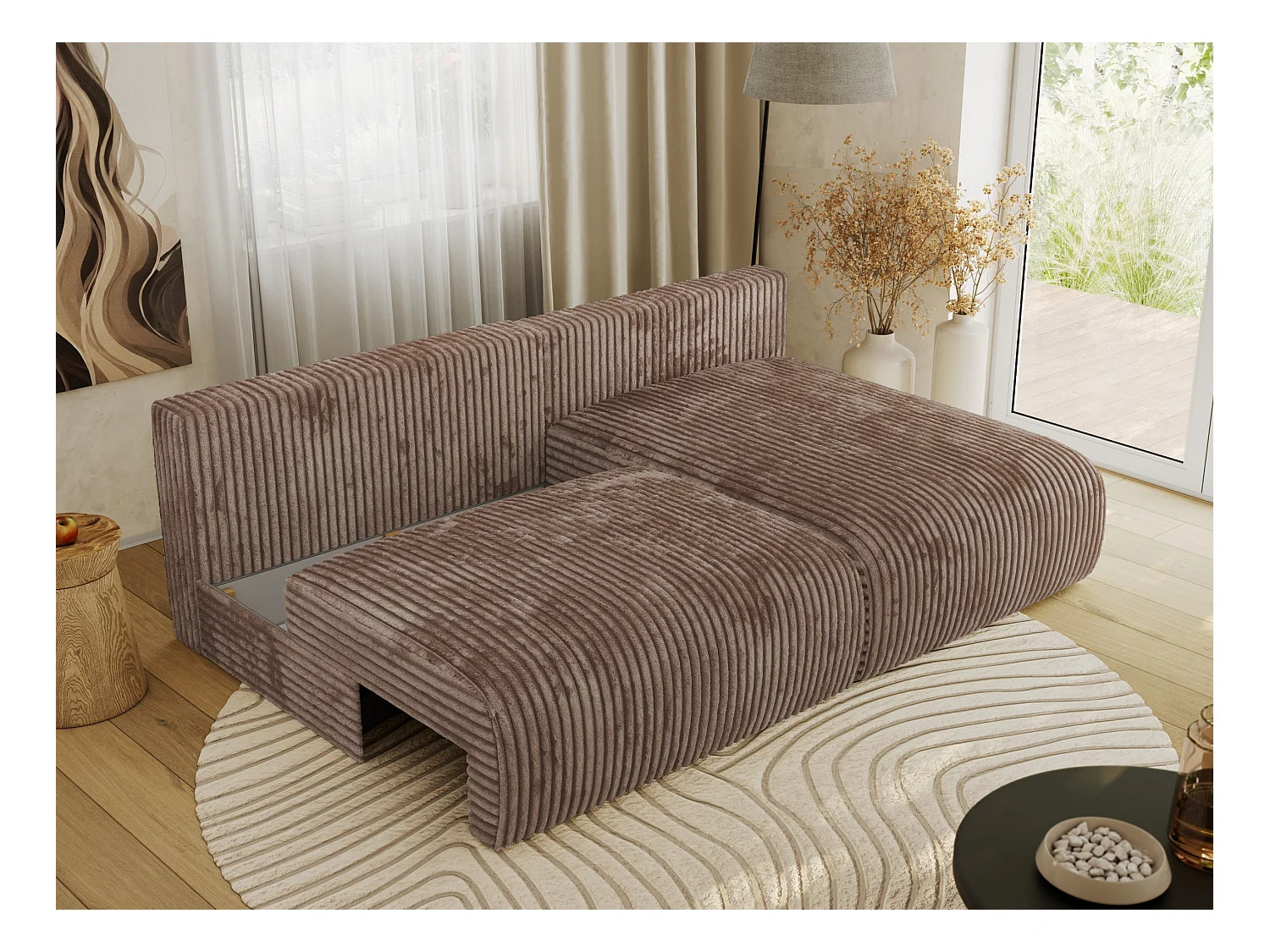 Ecksofa VIVO - L-form Couch mit Schlaffunktion und Bettkasten, Wellenfeder - Braun Cord - Ecke Rechts