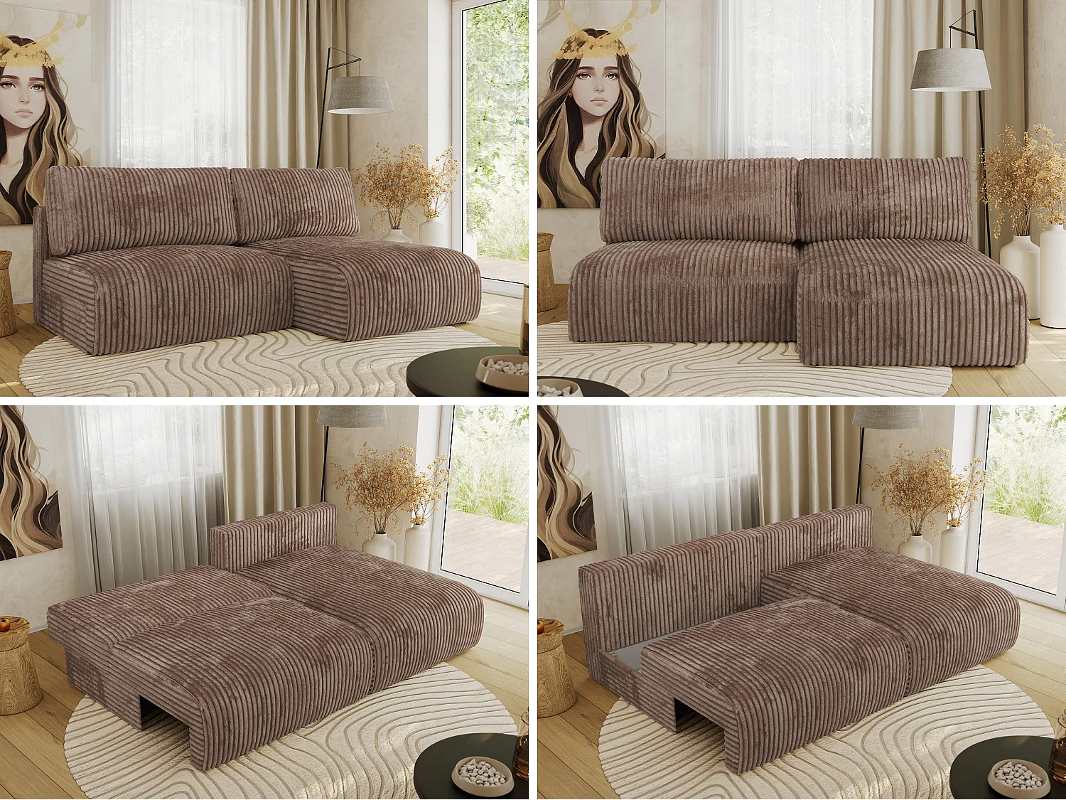 Ecksofa VIVO - L-form Couch mit Schlaffunktion und Bettkasten, Wellenfeder - Braun Cord - Ecke Rechts