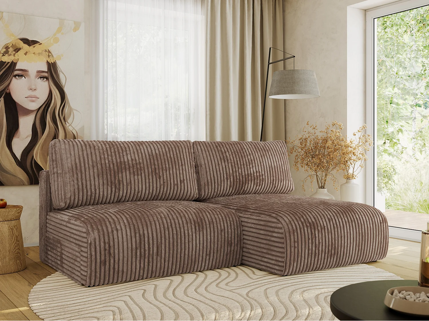 Ecksofa VIVO - L-form Couch mit Schlaffunktion und Bettkasten, Wellenfeder - Braun Cord - Ecke Rechts