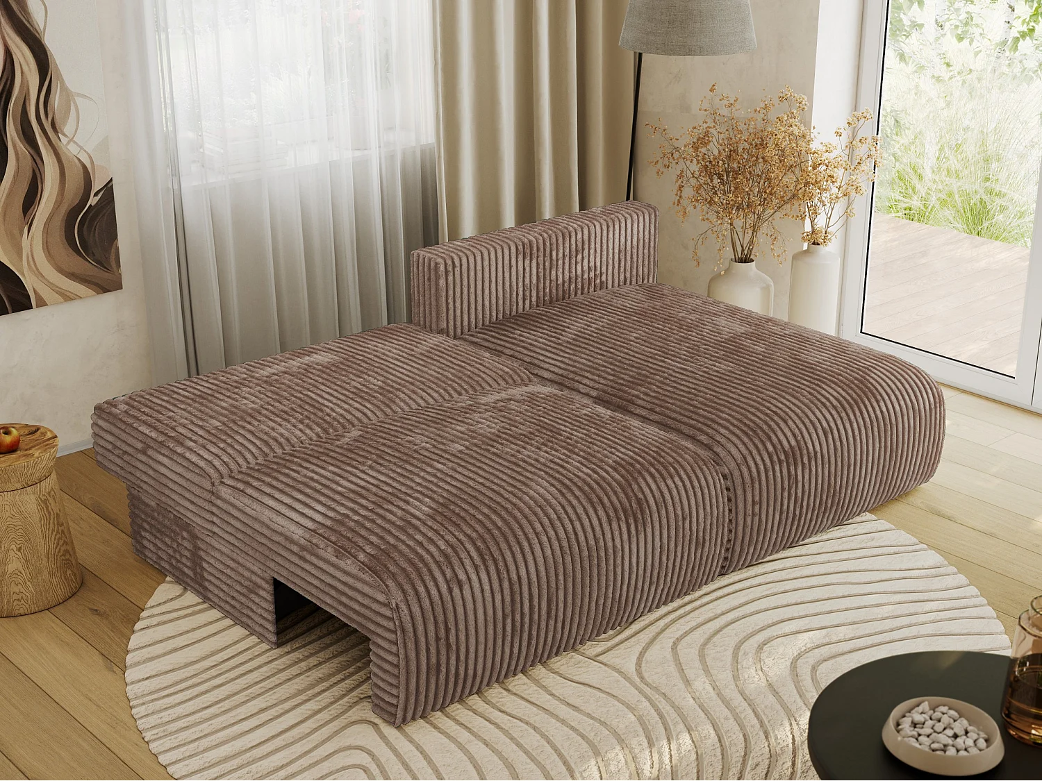 Ecksofa VIVO - L-form Couch mit Schlaffunktion und Bettkasten, Wellenfeder - Braun Cord - Ecke Rechts