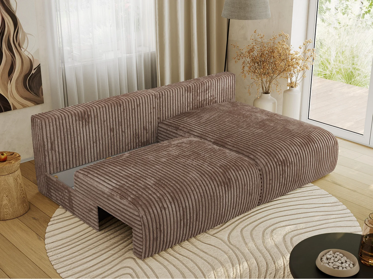 Ecksofa VIVO - L-form Couch mit Schlaffunktion und Bettkasten, Wellenfeder - Braun Cord - Ecke Rechts