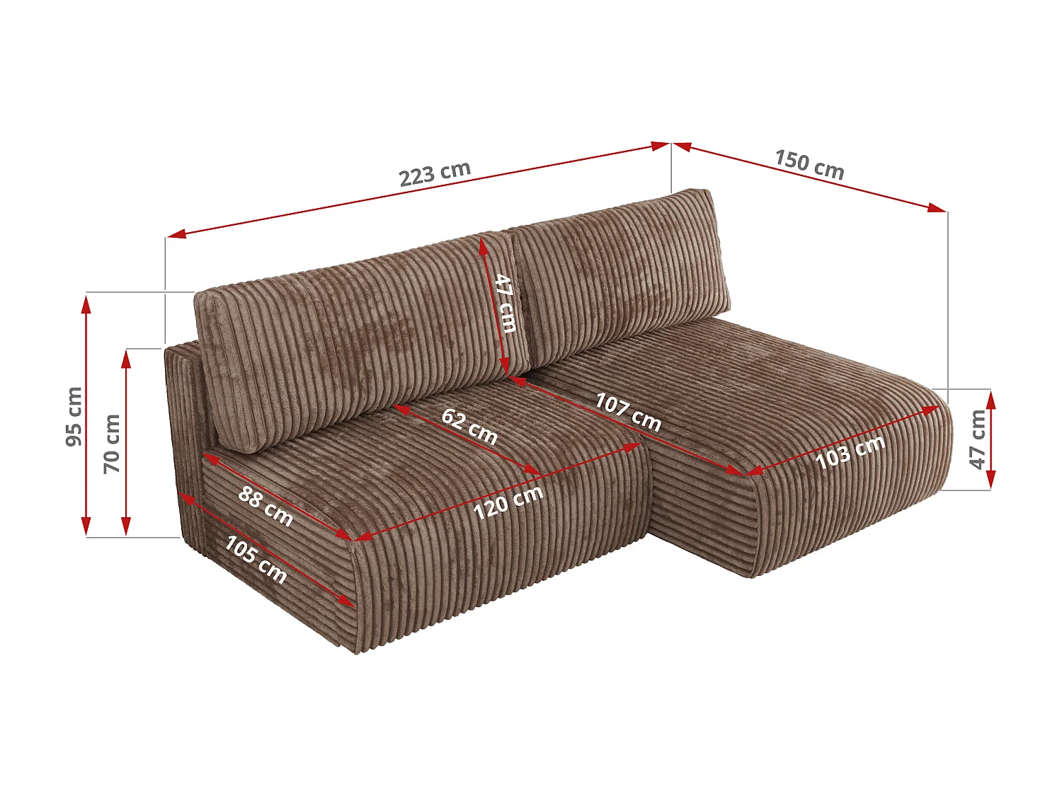 Ecksofa VIVO - L-form Couch mit Schlaffunktion und Bettkasten, Wellenfeder - Braun Cord - Ecke Rechts