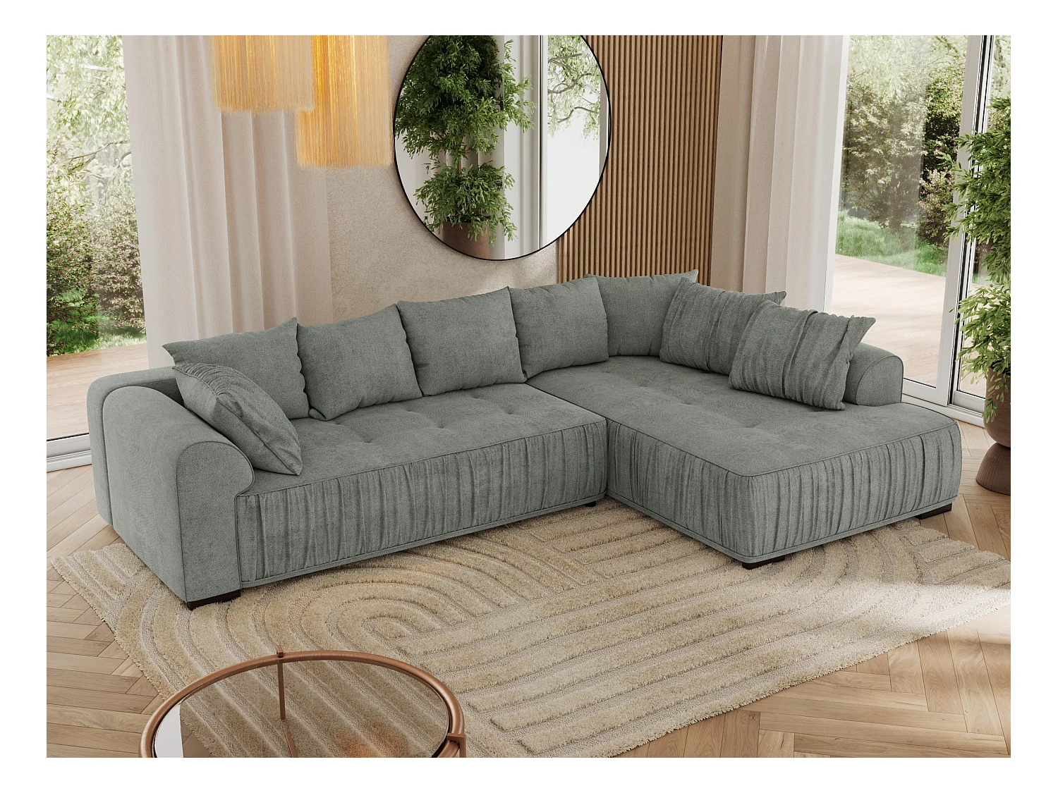 Ecksofa ORTA - Schlaffunktion und Bettkasten, lose Kissen, gesteppter Sitz, L-förmige Ecke - Grau Stukture - Ecke Rechts