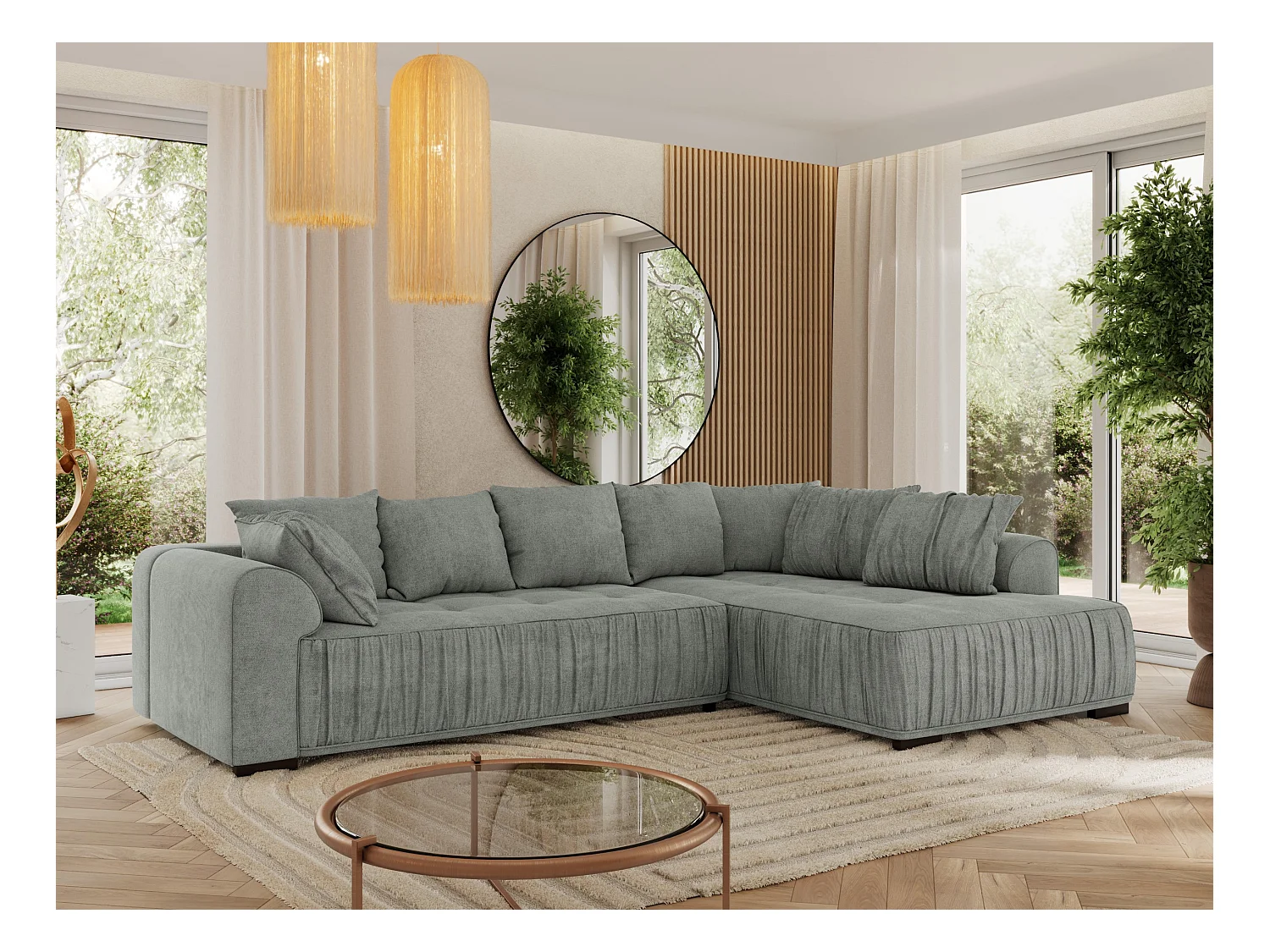 Ecksofa ORTA - Schlaffunktion und Bettkasten, lose Kissen, gesteppter Sitz, L-förmige Ecke - Grau Stukture - Ecke Rechts