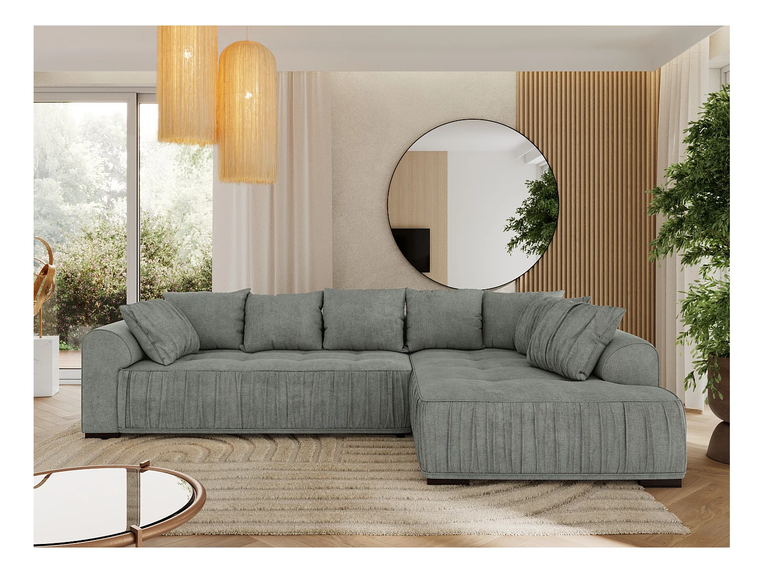 Ecksofa ORTA - Schlaffunktion und Bettkasten, lose Kissen, gesteppter Sitz, L-förmige Ecke - Grau Stukture - Ecke Rechts