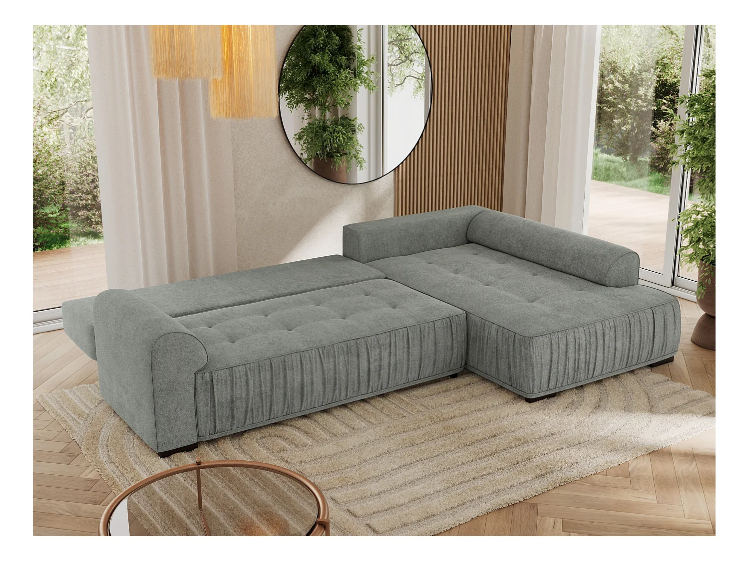 Ecksofa ORTA - Schlaffunktion und Bettkasten, lose Kissen, gesteppter Sitz, L-förmige Ecke - Grau Stukture - Ecke Rechts
