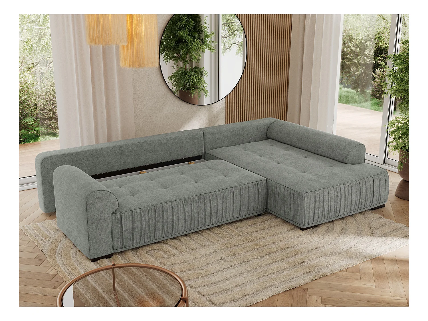 Ecksofa ORTA - Schlaffunktion und Bettkasten, lose Kissen, gesteppter Sitz, L-förmige Ecke - Grau Stukture - Ecke Rechts
