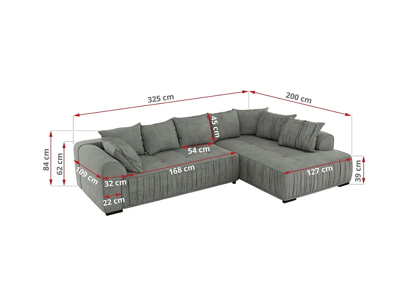 Ecksofa ORTA - Schlaffunktion und Bettkasten, lose Kissen, gesteppter Sitz, L-förmige Ecke - Grau Stukture - Ecke Rechts