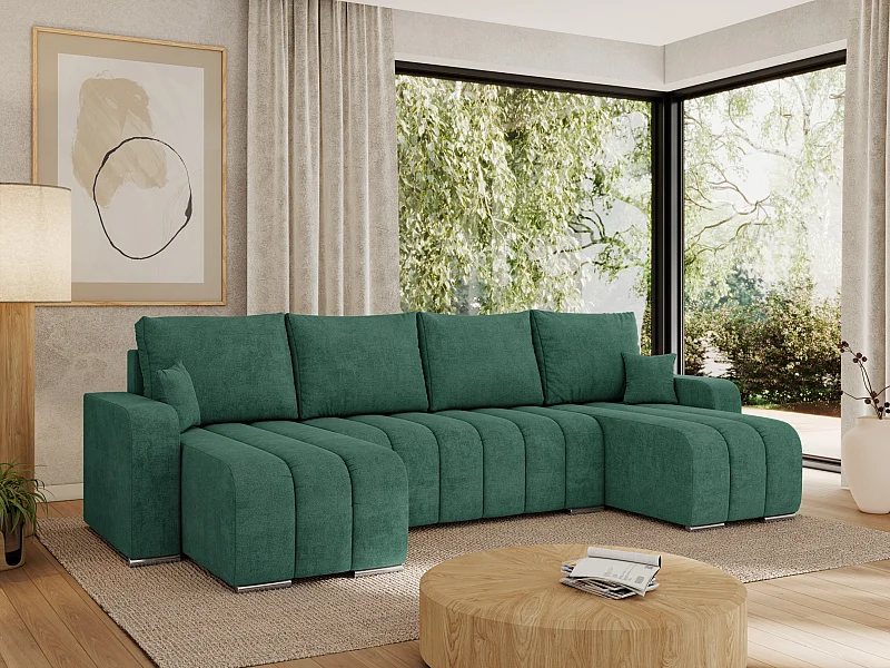 Ecksofa KIRASSO U - Wohnlandschaft, Schlaffunktion und Bettkasten, Couch U-form, lose Kissen - Grün Strukture